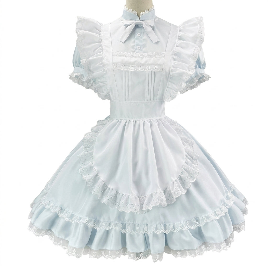 Light Blue and White Ruffled Maid Lolita Halter Dress with Apron Accent