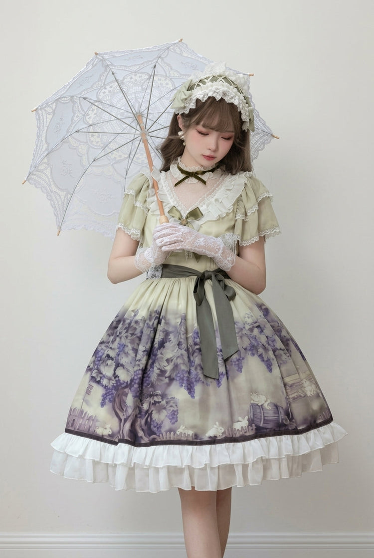 Multi-Color Short Sleeves Vineyard Print Ruffle Bowknot Sweet Princess (Dress Only) detail view 7