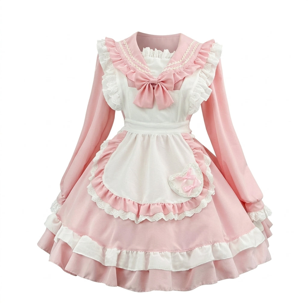 Light Blue Ruffled Sailor Collar Maid Lolita Dress with Apron Bow Accent