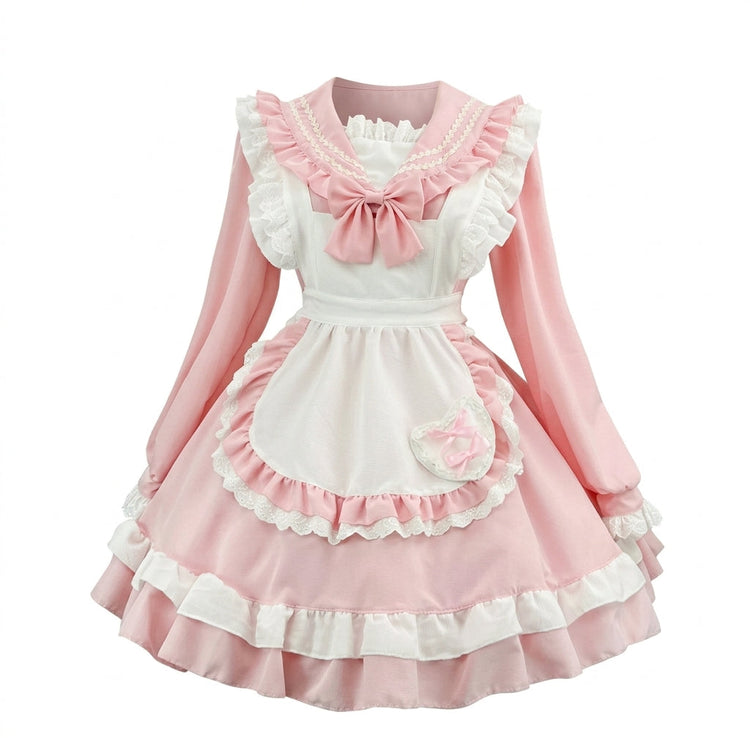 Light Blue Ruffled Sailor Collar Maid Lolita Dress with Apron Bow Accent
