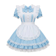 Blue and White Ruffled Maid Lolita Dress with Apron Bow Accent