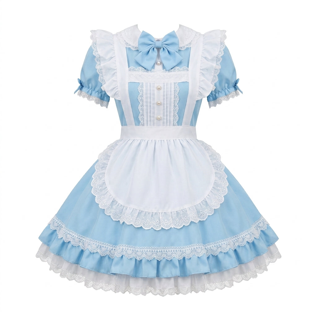 Blue and White Ruffled Maid Lolita Dress with Apron Bow Accent