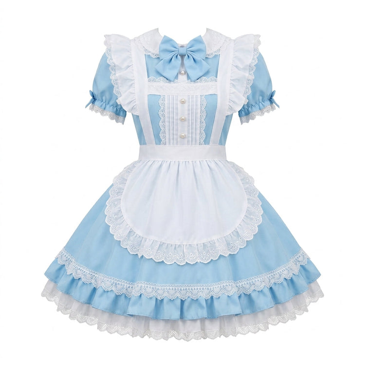 Blue and White Ruffled Maid Lolita Dress with Apron Bow Accent