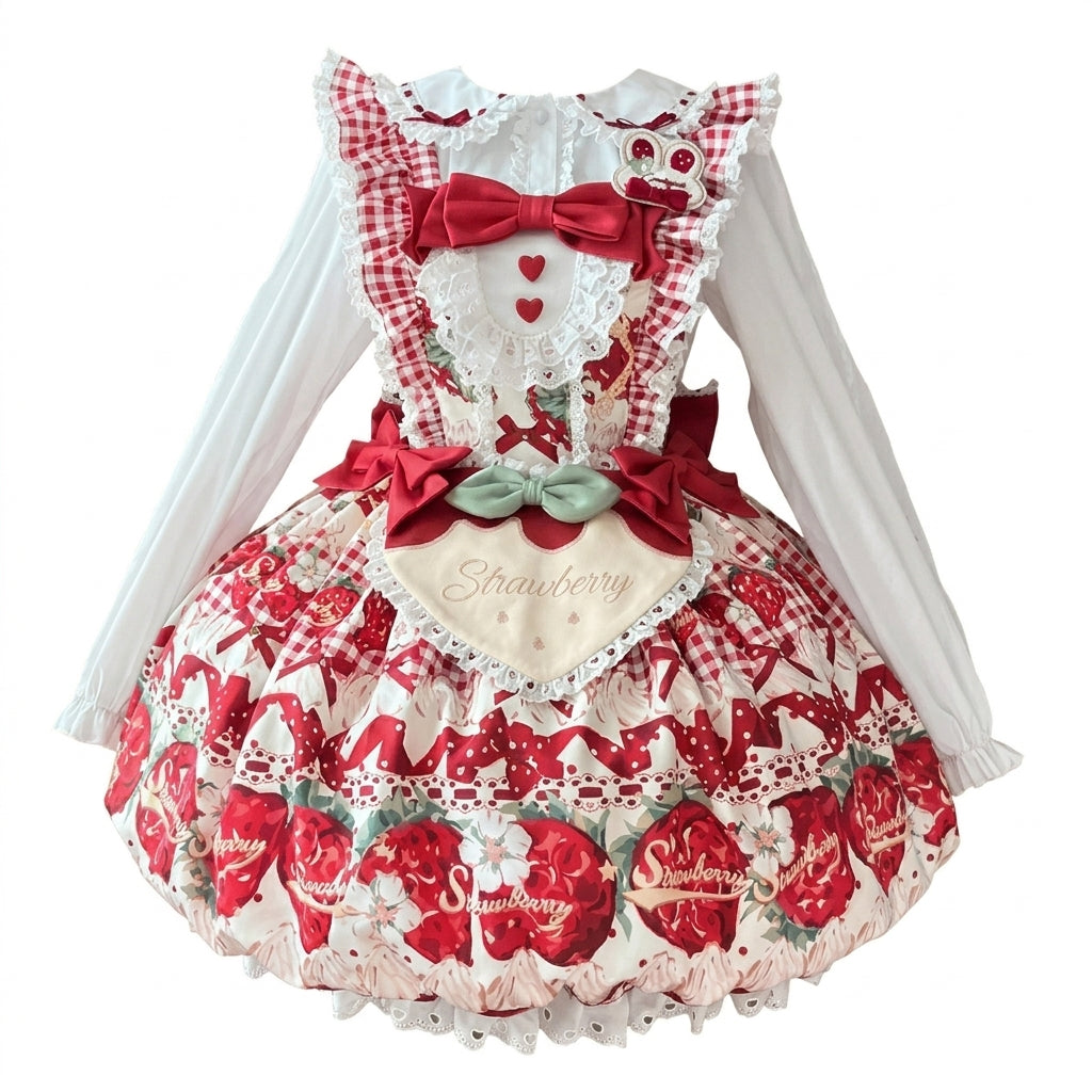 Strawberry Print Ruffled Maid Lolita Dress Set with Apron - view 2