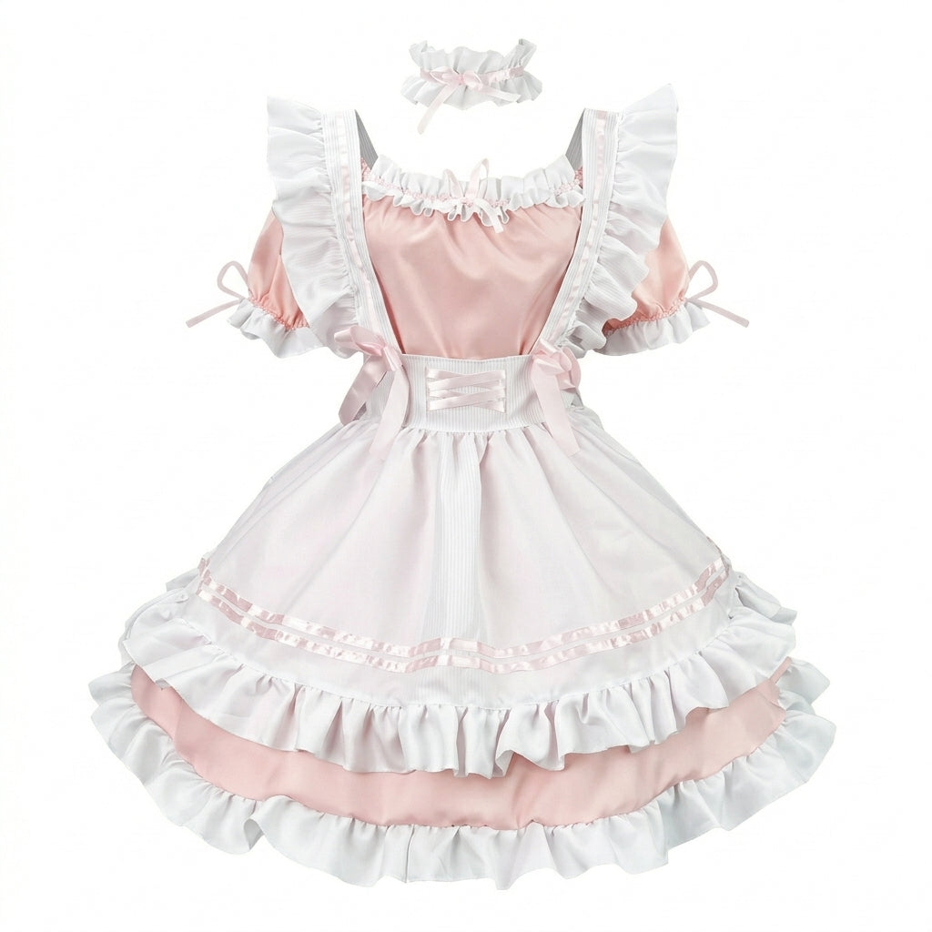 Pink and Black Ruffled Maid Lolita Dress with Apron Bow Accent