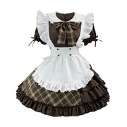Brown Plaid Lolita Maid Dress Set Ruffled Apron Short Sleeve Bow Accent