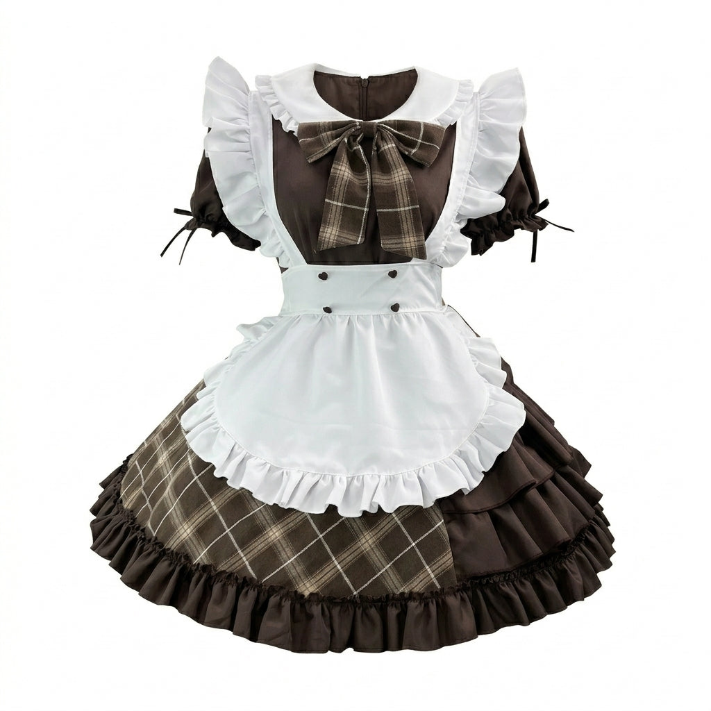 Brown Plaid Lolita Maid Dress Set Ruffled Apron Short Sleeve Bow Accent