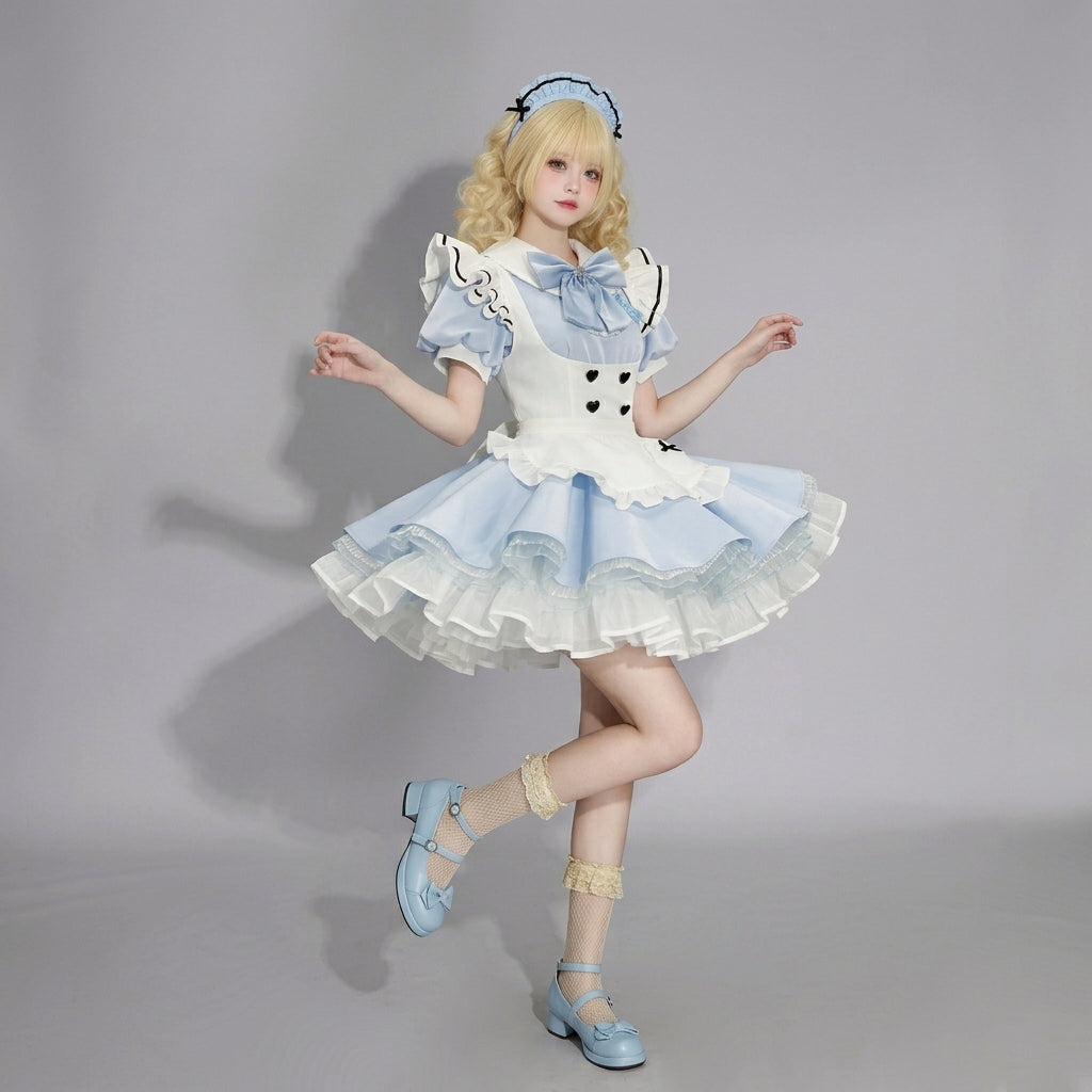 Cute Maid Lolita Dress with Heart Buttons and Bow Charm - view 14