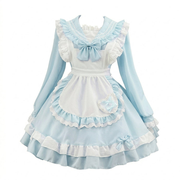 Light Blue Ruffled Sailor Collar Maid Lolita Dress with Apron Bow Accent - view 6