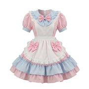 Brown and Pink Ruffled Maid Lolita Dress with Apron Bow Accent