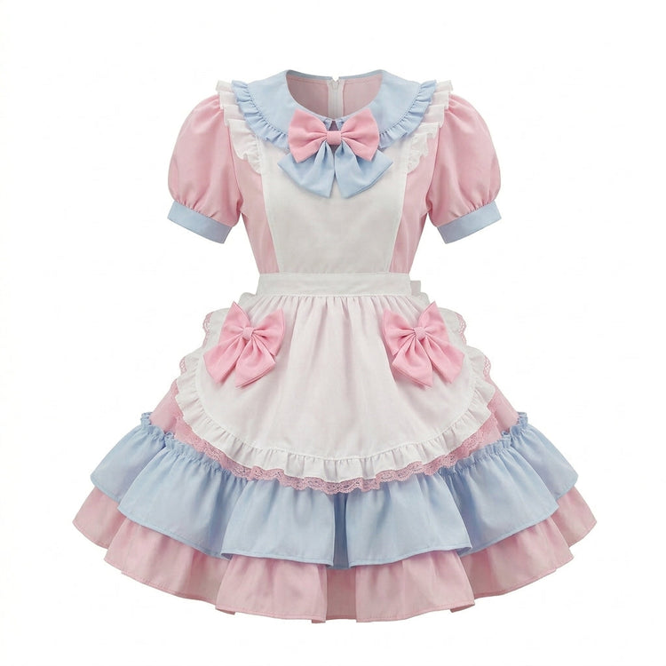 Brown and Pink Ruffled Maid Lolita Dress with Apron Bow Accent