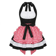 Black and Red Plaid Ruffled Maid Lolita Halter Dress with Apron Accent