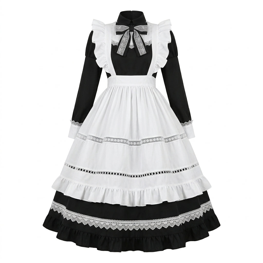 Blue and White Ruffled Maid Lolita Dress with Apron and Bow Accent