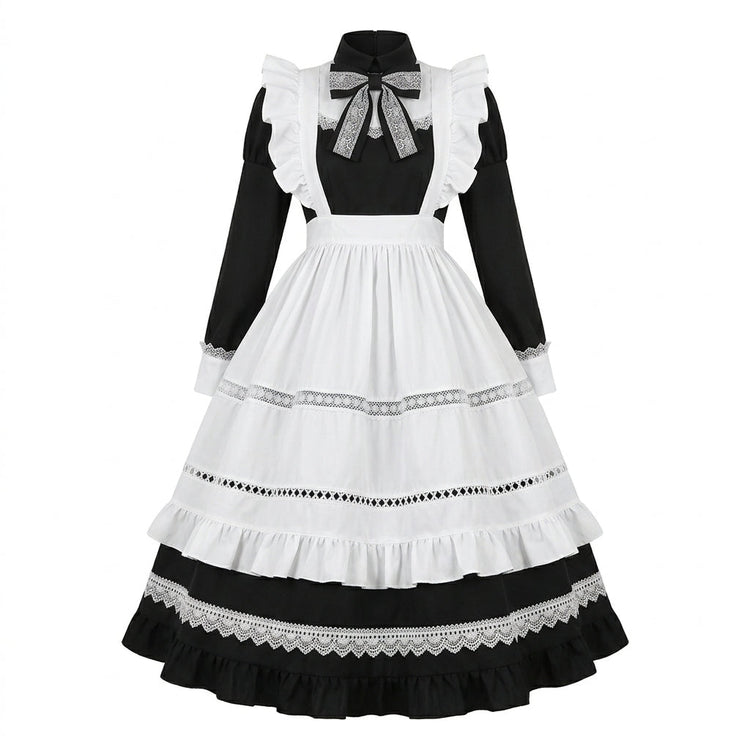 Blue and White Ruffled Maid Lolita Dress with Apron and Bow Accent