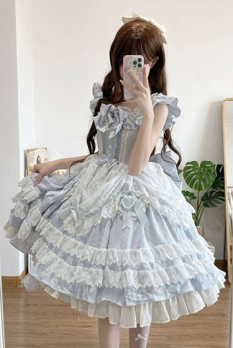 【Fairy Tale Advent】ブルー スイートロリータワンピース｜多層デザイン、ティアードデザイン、フリル、リボン、レース – 記載アイテムのみ 商品画像