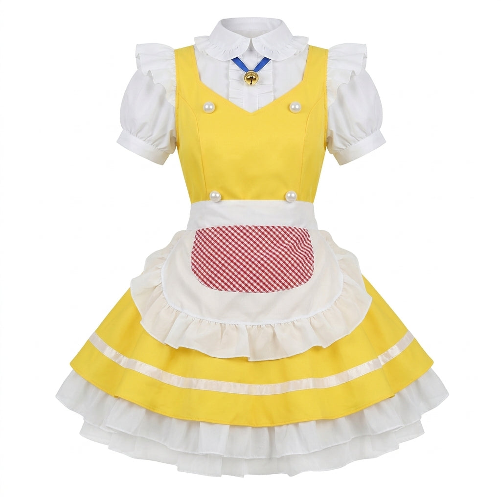 Yellow and White Ruffled Maid Lolita Dress with Apron Bell Accent