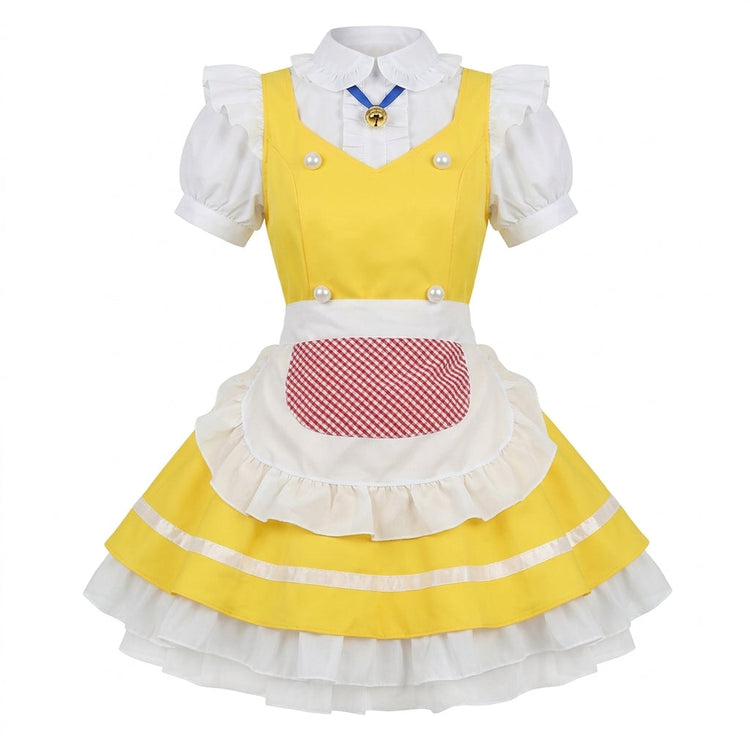 Yellow and White Ruffled Maid Lolita Dress with Apron Bell Accent