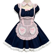 Pink and Black Plaid Maid Lolita Dress with Apron Bow Accent