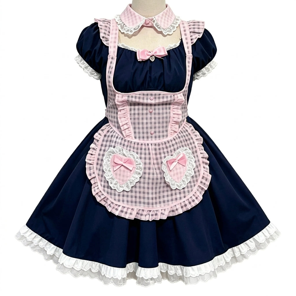Pink and Black Plaid Maid Lolita Dress with Apron Bow Accent