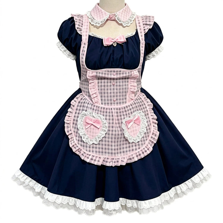 Pink and Black Plaid Maid Lolita Dress with Apron Bow Accent