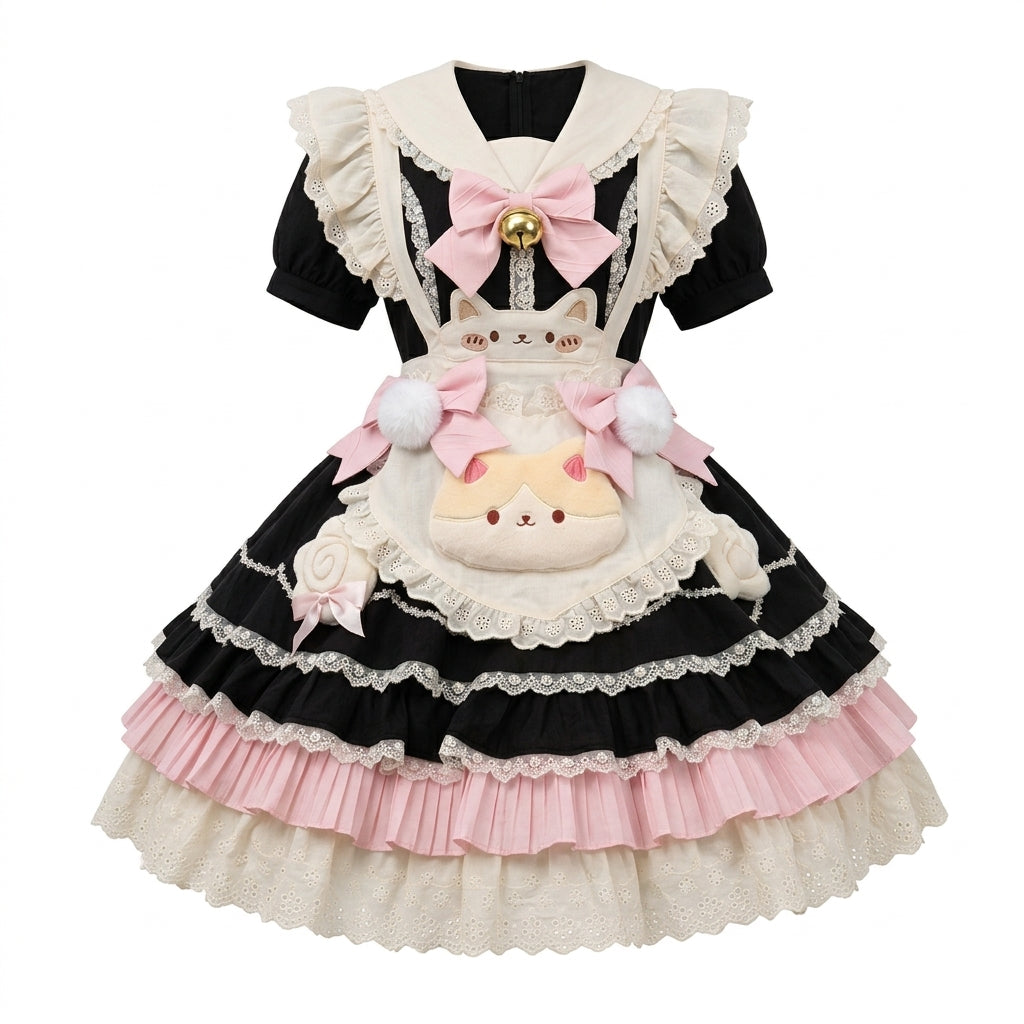Black and Pink Striped Ruffled Maid Lolita Dress with Apron Accent