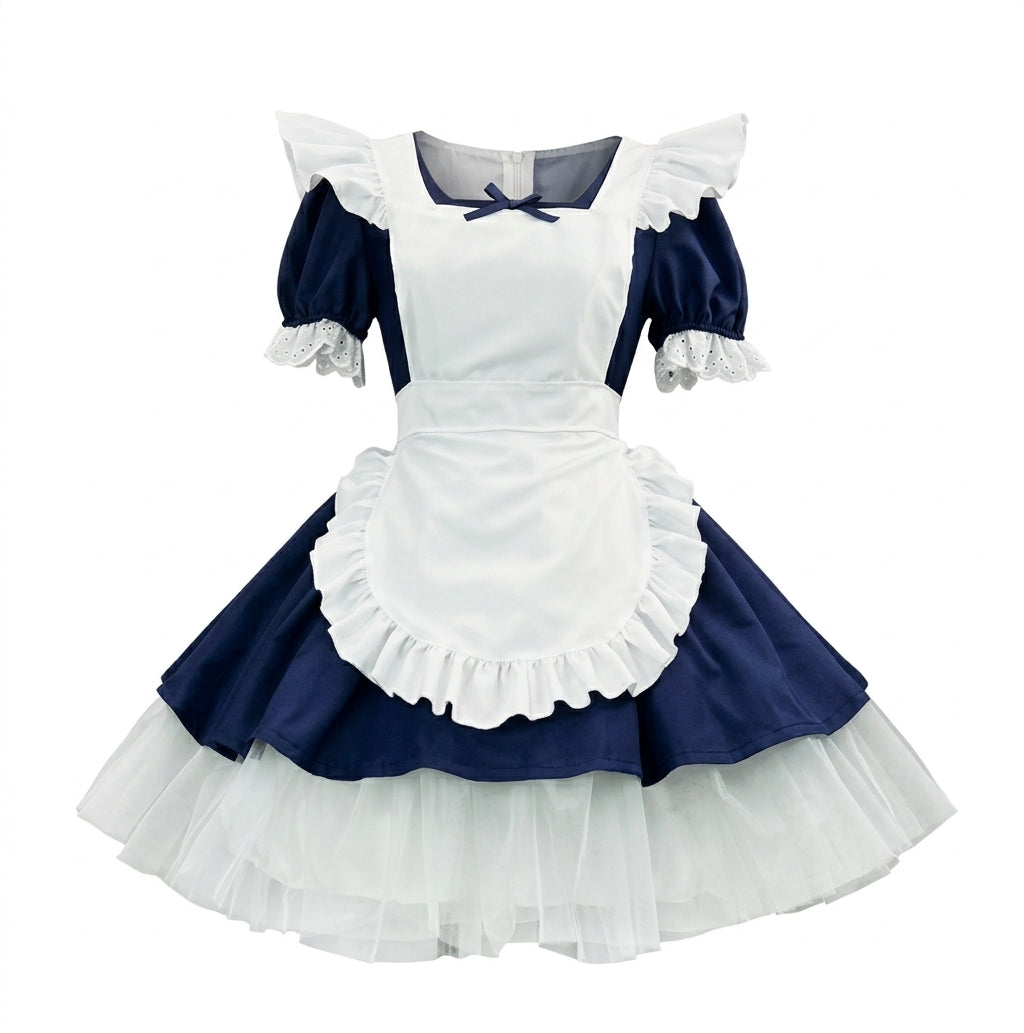 Navy Blue and White Lace Maid Lolita Dress Set with Bows