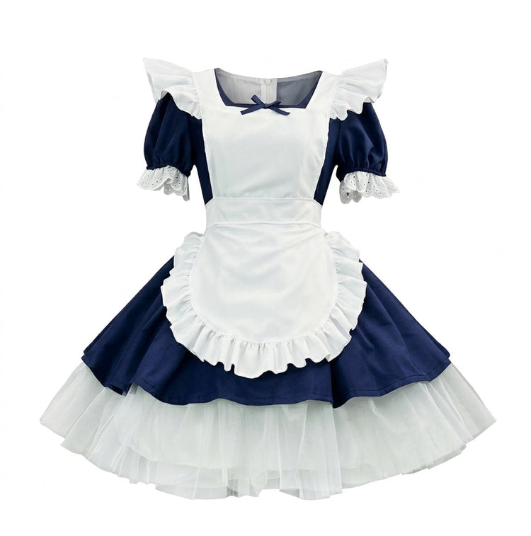 Navy Blue and White Lace Maid Lolita Dress Set with Bows