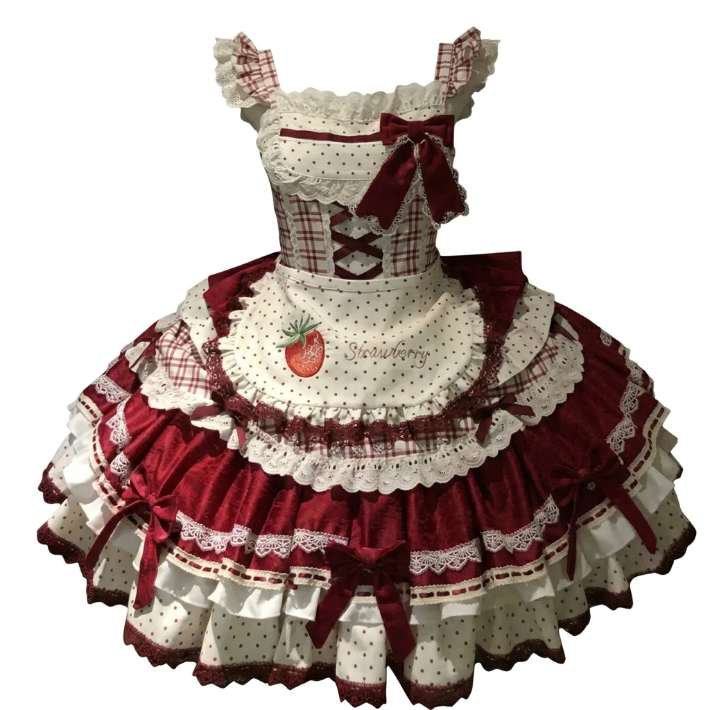 Burgundy and Cream Strawberry Plaid Ruffled Sweet Lolita Dress with Apron Bow Accent