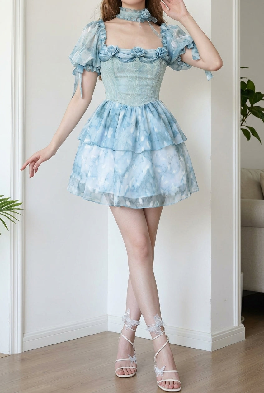 Blue Square Collar Short Puff Sleeves Multi-Layered Print Ruffle Bowknot Tie-dyed Sweet Princess (Dress Only) detail view 10