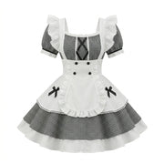 Black and White Plaid Ruffled Maid Lolita Dress with Apron Bow Accent