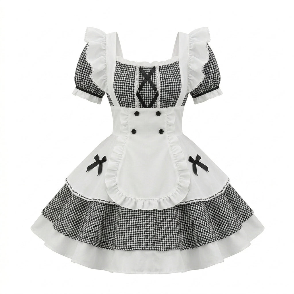Black and White Plaid Ruffled Maid Lolita Dress with Apron Bow Accent