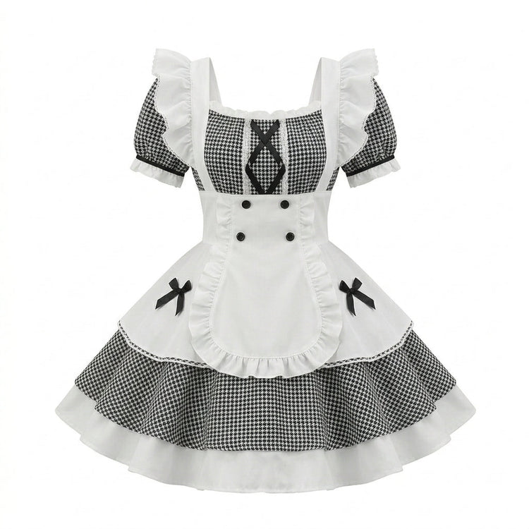 Black and White Plaid Ruffled Maid Lolita Dress with Apron Bow Accent