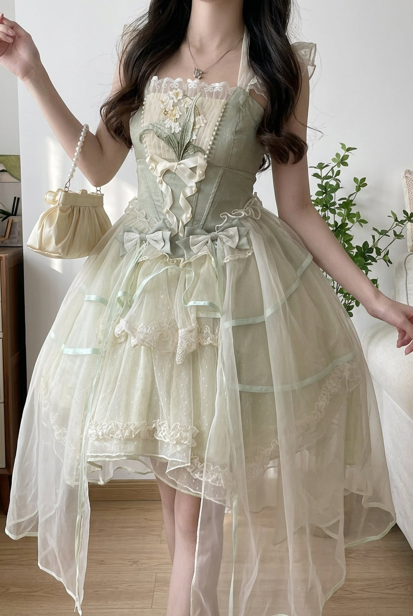 Green Lily of the Valley Summer Polka Dot Print Ruffle Bowknot Lace-Up Sweet Princess (Set) detail view 6