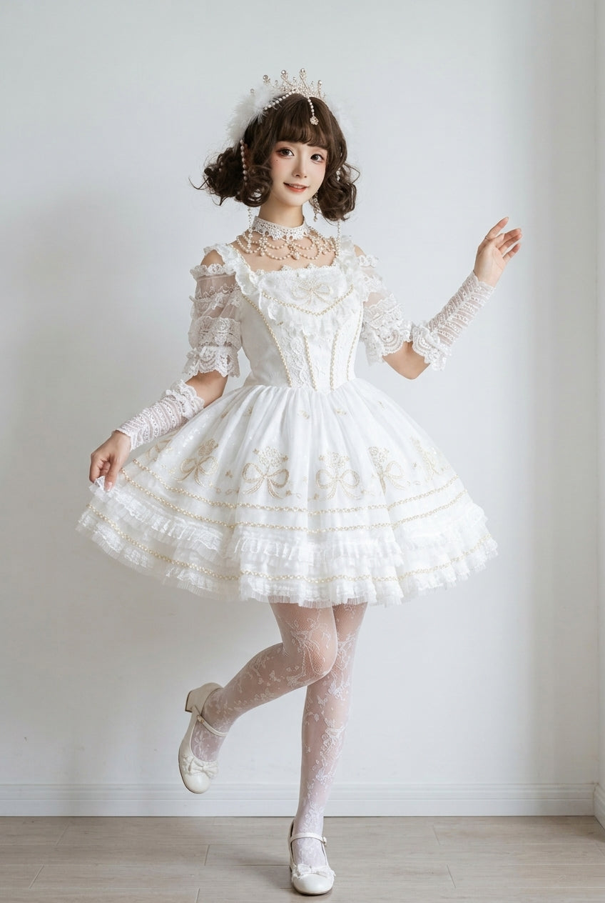 Tulle blanc multicouche imprimé Dream Dance brodé, princesse douce (robe seule), vue détaillée 7