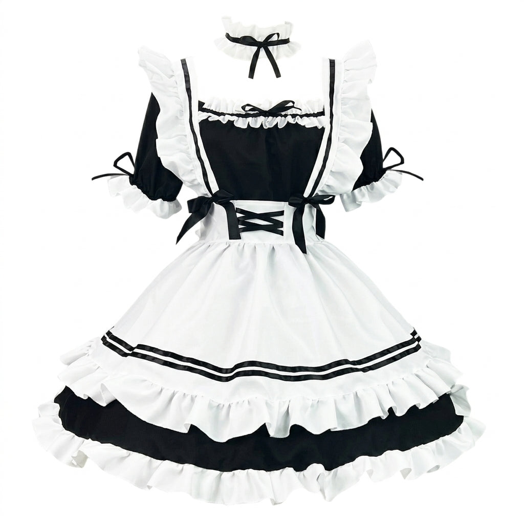 Pink and Black Ruffled Maid Lolita Dress with Apron Bow Accent - view 5