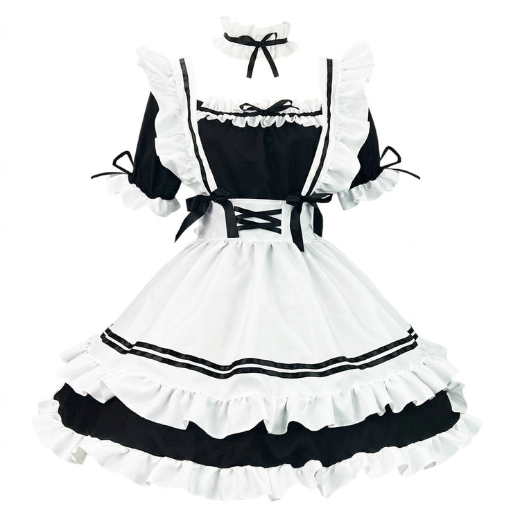 Pink and Black Ruffled Maid Lolita Dress with Apron Bow Accent - view 5