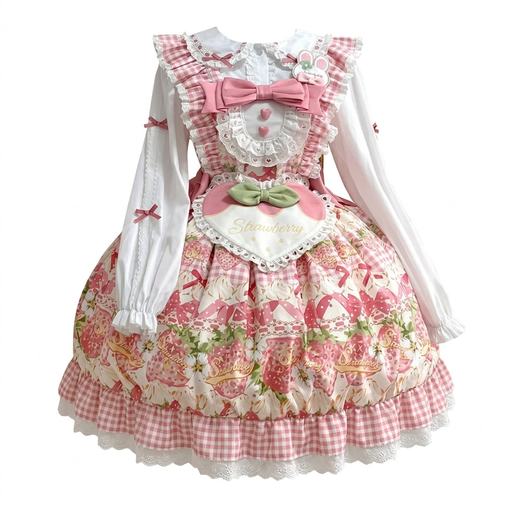 Strawberry Print Ruffled Maid Lolita Dress Set with Apron