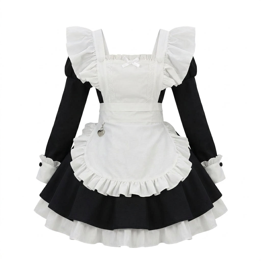 Red and Black Ruffled Maid Lolita Dress with Apron Bow Accent - view 4