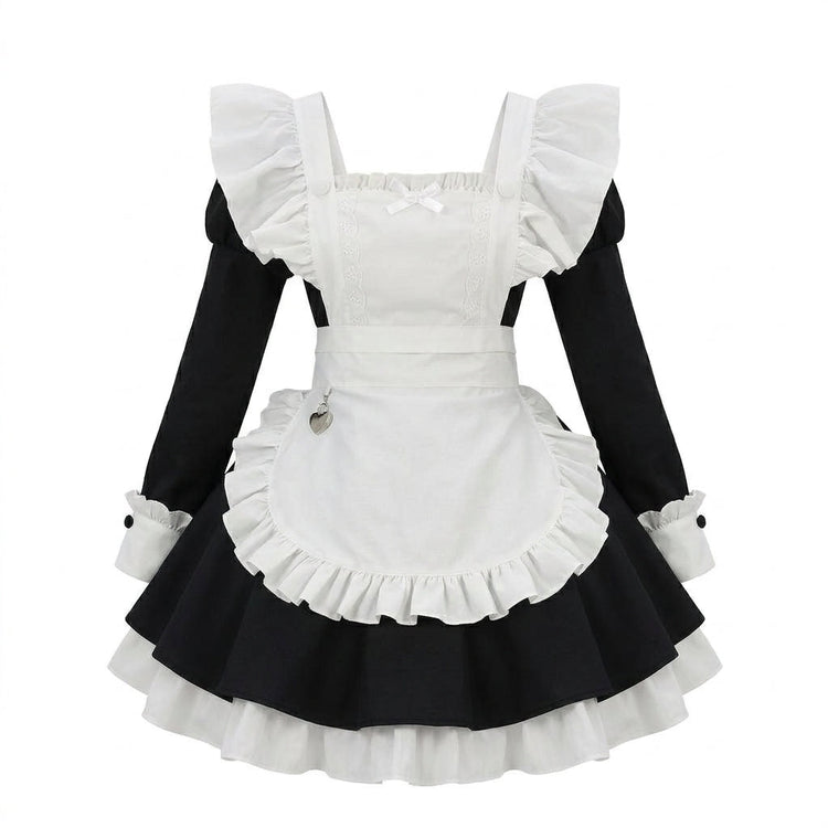 Red and Black Ruffled Maid Lolita Dress with Apron Bow Accent - view 4