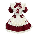 Burgundy and White Lace Gothic Maid Lolita Dress Set with Bell Bows