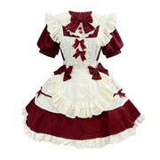 Burgundy and White Lace Gothic Maid Lolita Dress Set with Bell Bows