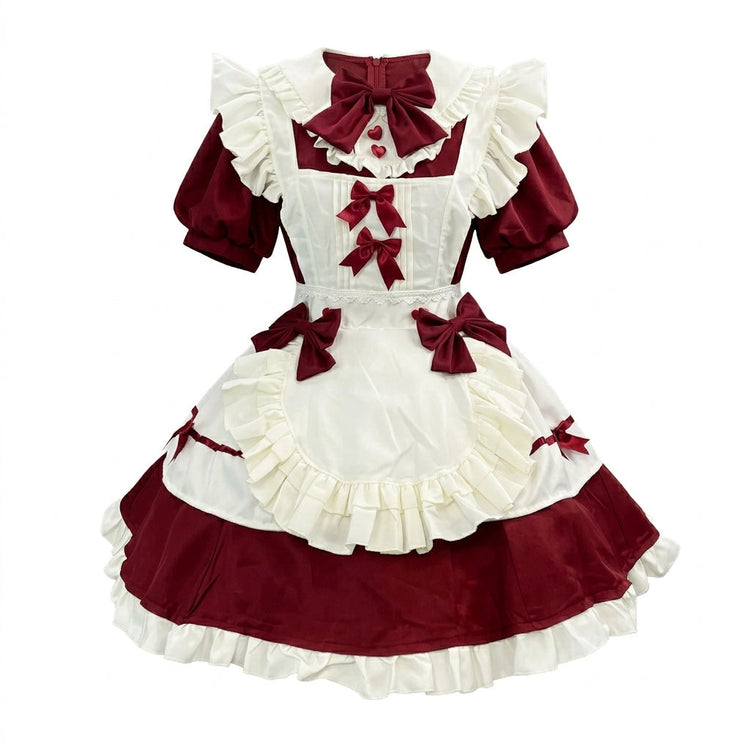 Burgundy and White Lace Gothic Maid Lolita Dress Set with Bell Bows