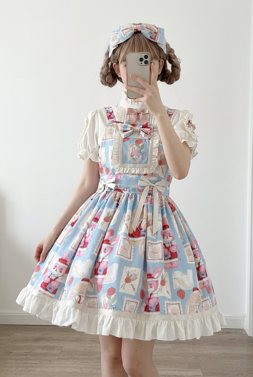 Light Blue Letter from Showa Rabbit and letter Print Ruffle Bowknot Sweet Princess Strap (Dress Only) detail view 7