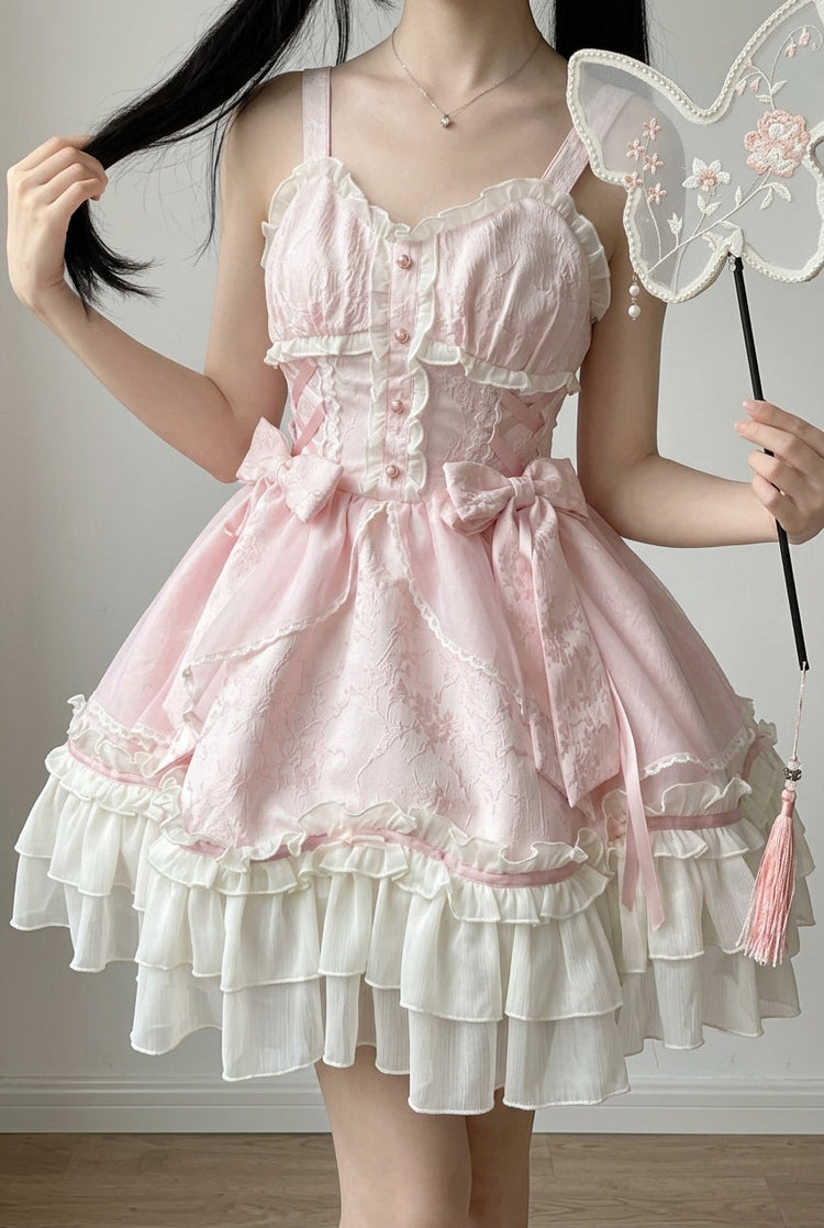 Pink Spring Flower Notes Ruffle Bowknot Lace Sweet Princess (Dress Only) detail view 2