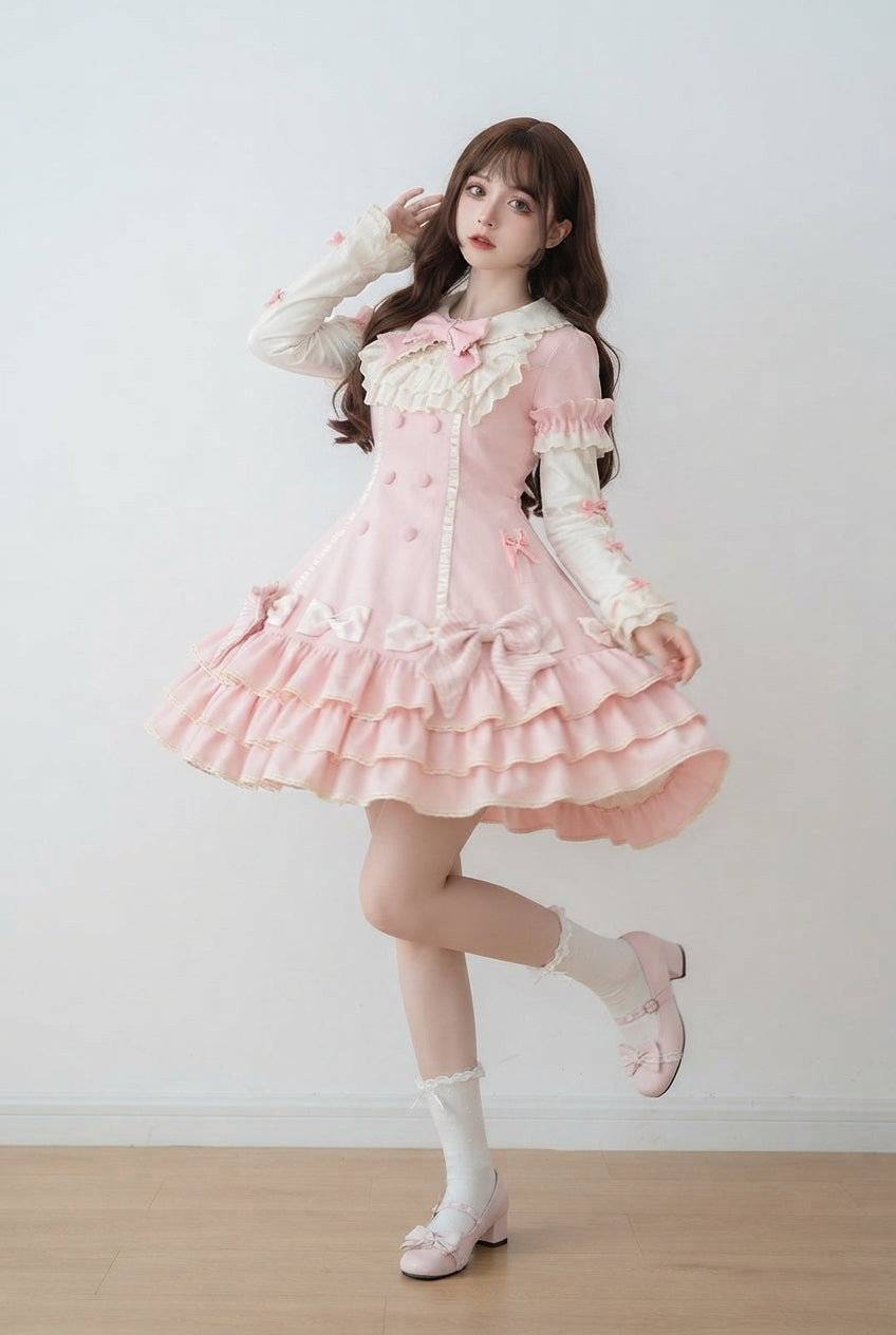 Pink Striped Layered Short Sleeves Multi-Layered Ruffle Bowknot Sweet Princess Tiered (Set) detail view 13