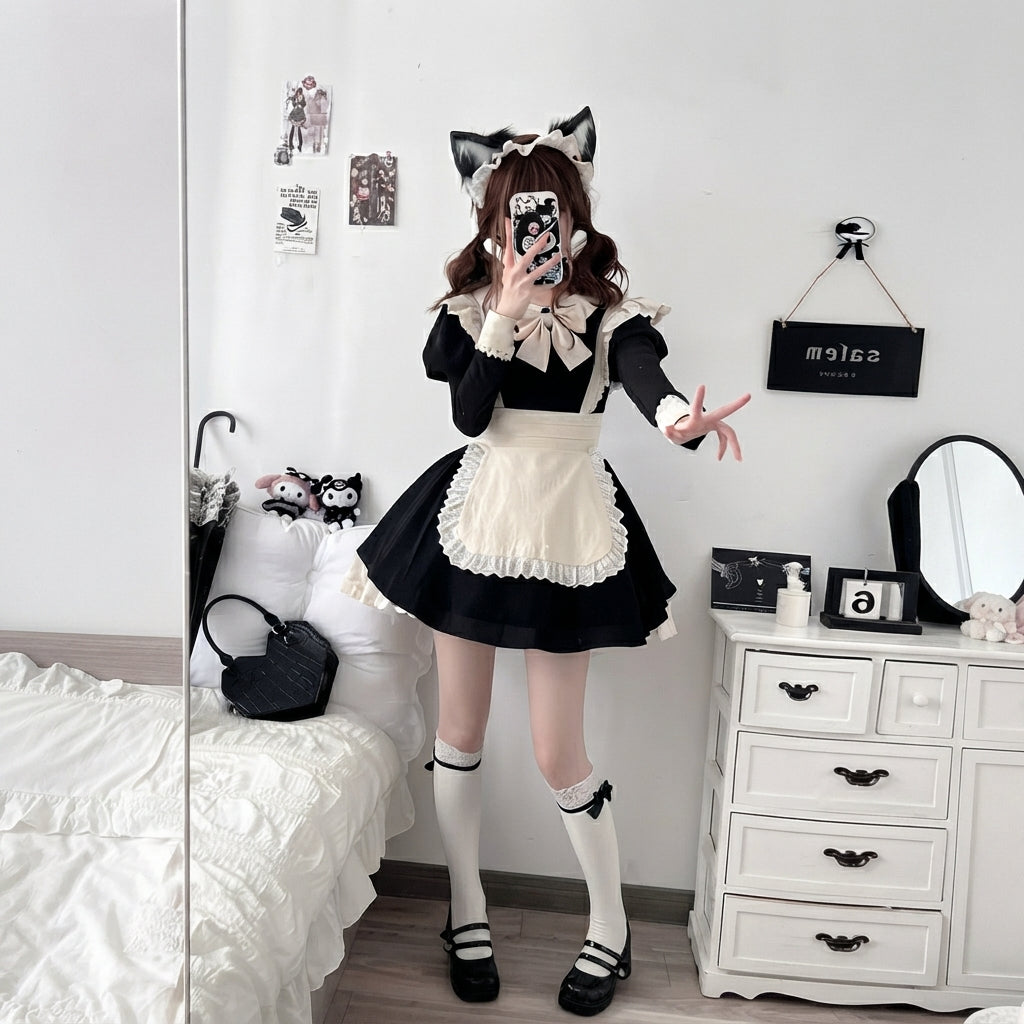 Black and Beige Lace Maid Lolita Jumper Dress with Bow - view 4