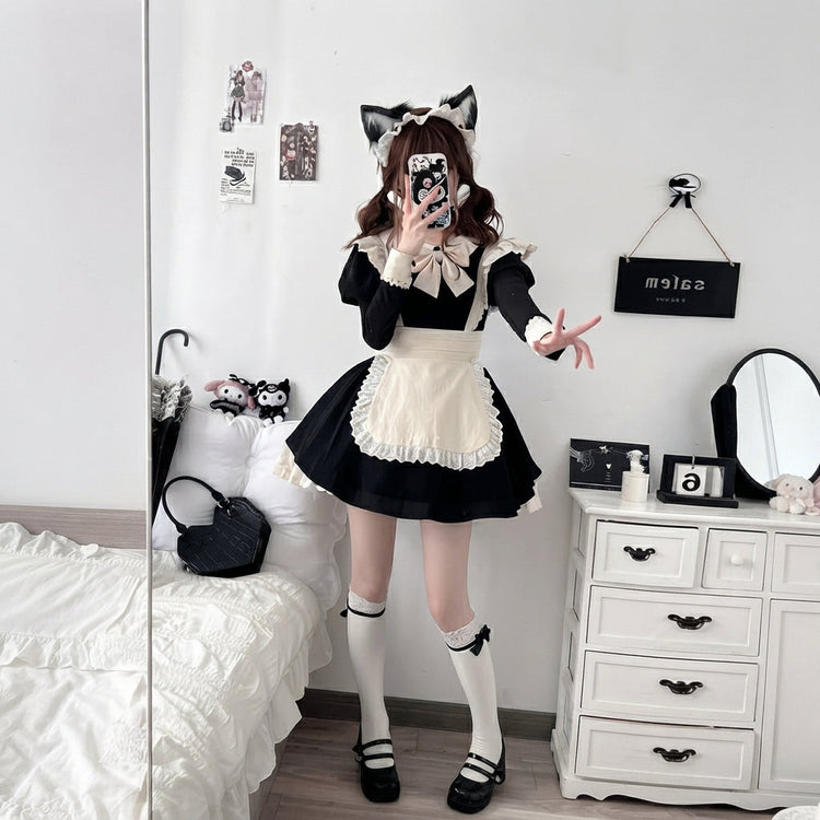 Black and Beige Lace Maid Lolita Jumper Dress with Bow - view 4