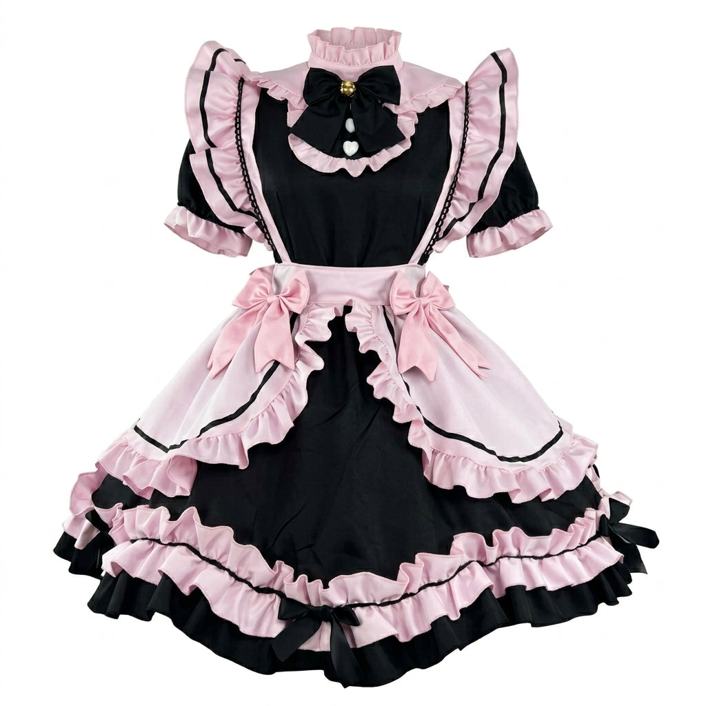 Black and Pink Ruffled Maid Style Dress with Headpiece Accent