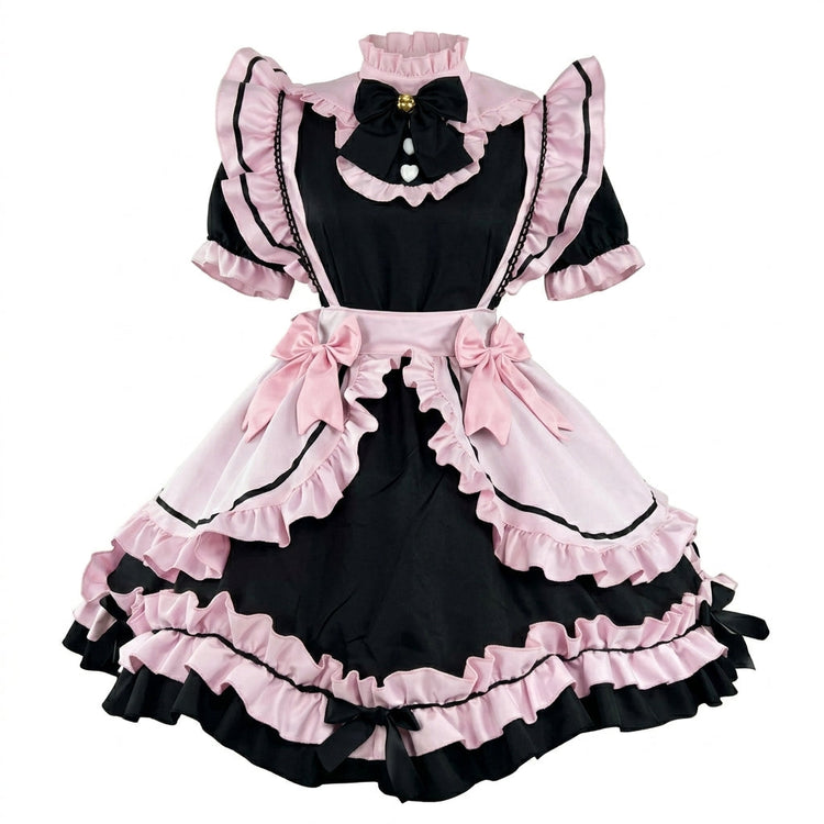 Black and Pink Ruffled Maid Style Dress with Headpiece Accent