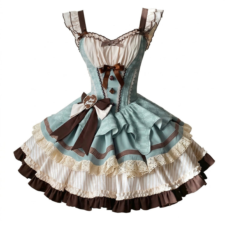 Green and Brown Ruffled Chocolate Lolita Dress Set with Bow Accent